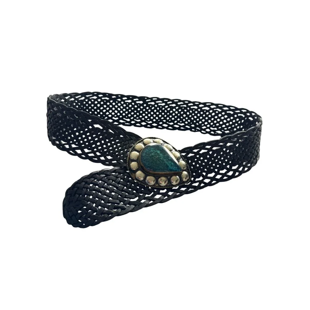Vintage Black Braided Leather Extra Wide Statement belt Malachite Turquoise